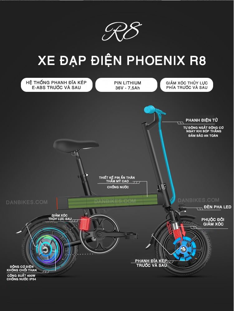 xe đạp điện phoenix r8 pin ẩn khung thân