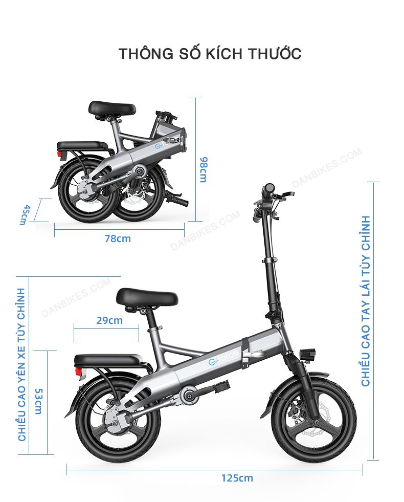 XE ĐẠP ĐIỆN GẤP GỌN G-FORCE G14 TRUYỀN ĐỘNG TRỤC (KHÔNG XÍCH) BẢN ĐẦY ĐỦ CÓ XI NHAN 17 THÔNG SỐ KÍCH THƯỚC XE ĐẠP ĐIỆN G FORCE G14