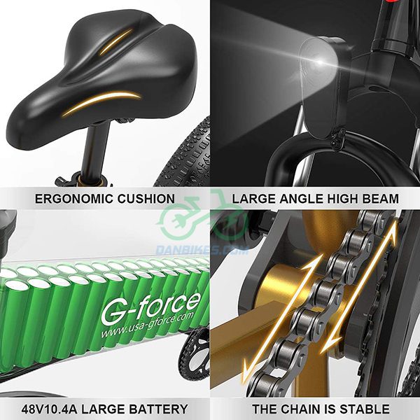 XE ĐẠP ĐIỆN G-FORCE T41 THỂ THAO ĐỊA HÌNH, THIẾT KẾ GẤP GỌN (750W) 18 XE ĐẠP ĐIỆN G-FORCE T41 ĐƯỢC TRANG BỊ YÊN XE THỂ THAO CÓ RÃNH CHỐNG MỎI, ĐÈN PHA LED CƯỜNG ĐỘ CAO, PIIN LITHIUM 48V-10AH CHO QUÃNG ĐƯỜNG CHẠY SẠC ĐẦY 40-45KM