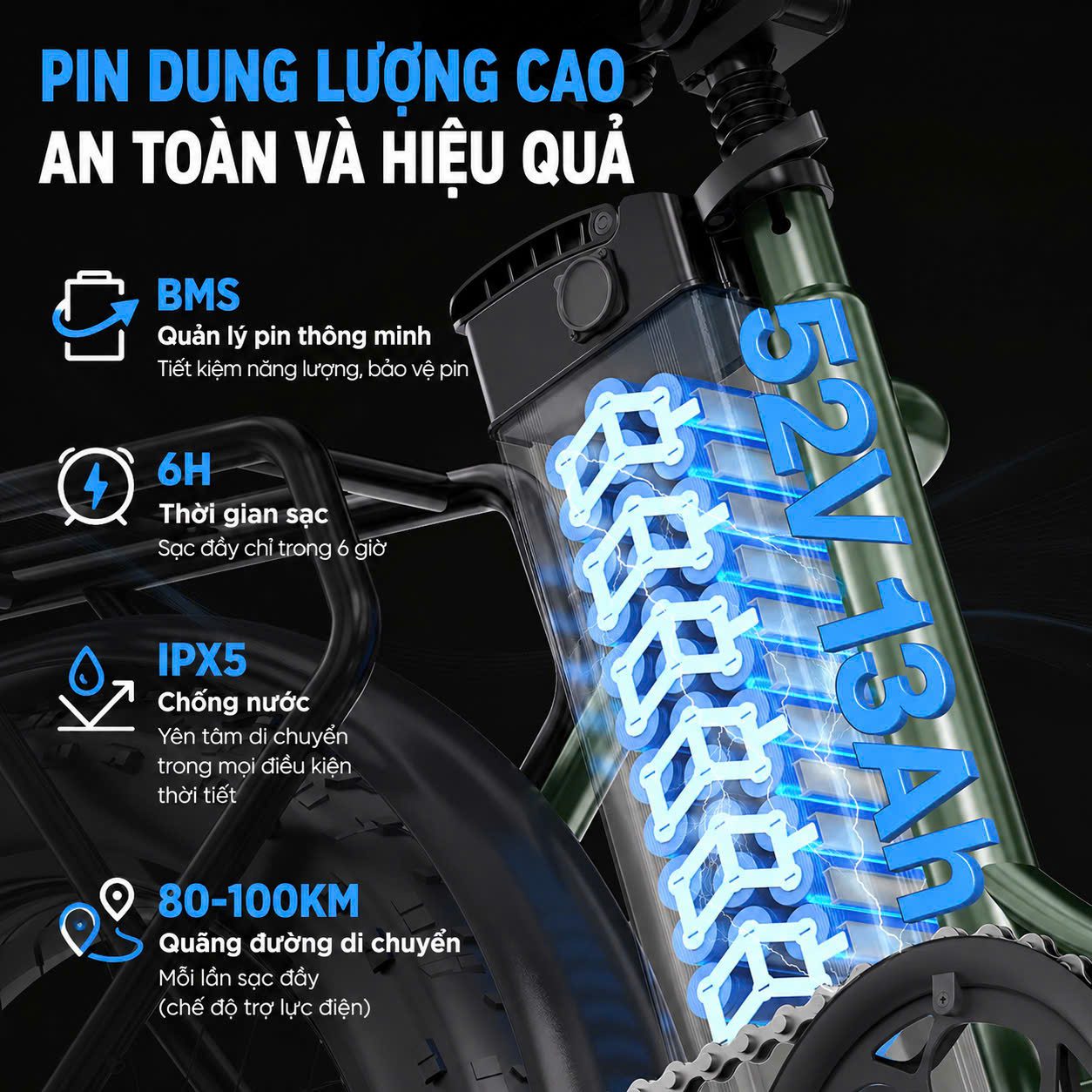 XE ĐẠP ĐIỆN GẤP GỌN THỂ THAO G-FORCE G20 10 Xe đạp điện gấp gọn thể thao G-force G20 sử dụng pin lithium an toàn cao, có khả năng tháo rời