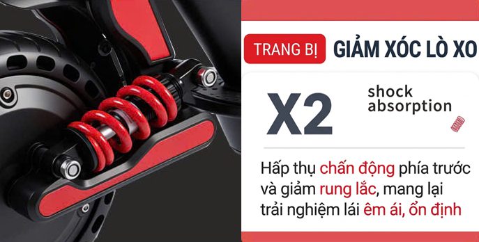 XE SCOOTER ĐIỆN G-FORCE S1 PRO 350W TRỌNG LƯỢNG NHẸ 15KG, CÓ GHẾ NGỒI 18 Giảm xóc lò xo kép thể thao hấp thụ xung lực giúp xe êm ái khi đi trên đường gập ghềnh trên Xe Scooter Điện G-Force S1 Pro
